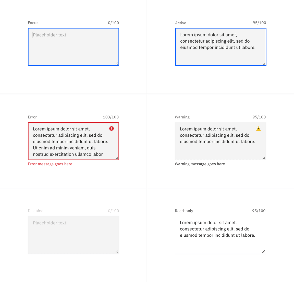 Examples of text input states in the default style Examples of text input states in the default style
